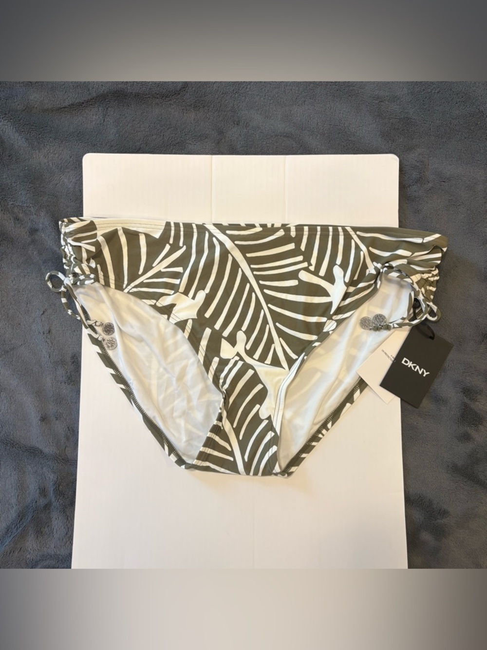 DKNY Bikini‎ Bottom Women XXL Olive Green White Leaf Print Side Tie Swim Bottoms